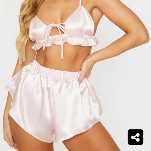 PrettyLittleThing Tops - Pink Satin Frill PJ Set